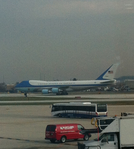 Air Force One delivers President Obama for his first visit outside the White House since his relection.